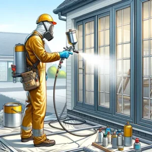 an image showing professional painter is painting aluminium window frame with proper safety