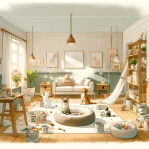 view of a living room undergoing a fresh paint include a cat and a dog safely playing