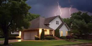 exterior view of a house behind it lightning strike in the sky matching its color schema to the sky