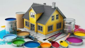 Small Dummy House surrounded with colorful paint cans and painting brushes