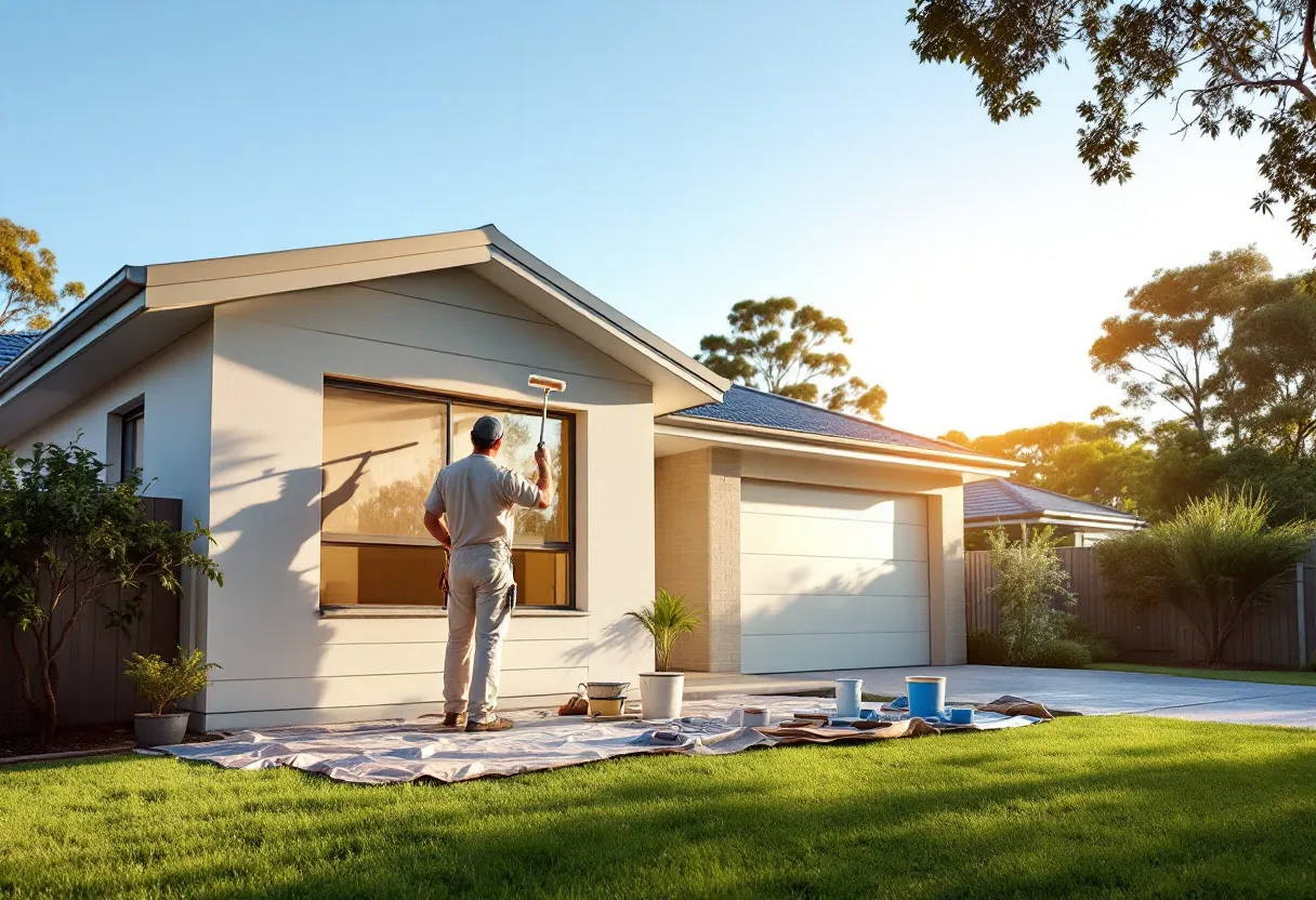 A person painting the exterior of a house with a roller, next to a window, in a well-maintained yard during early morning.