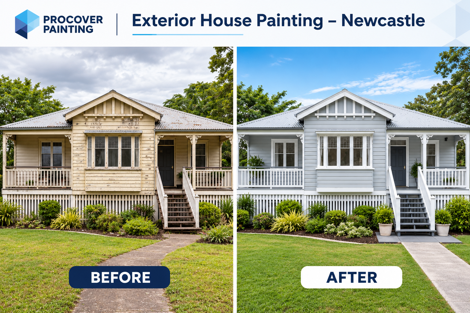 Before and after exterior house painting project in Newcastle