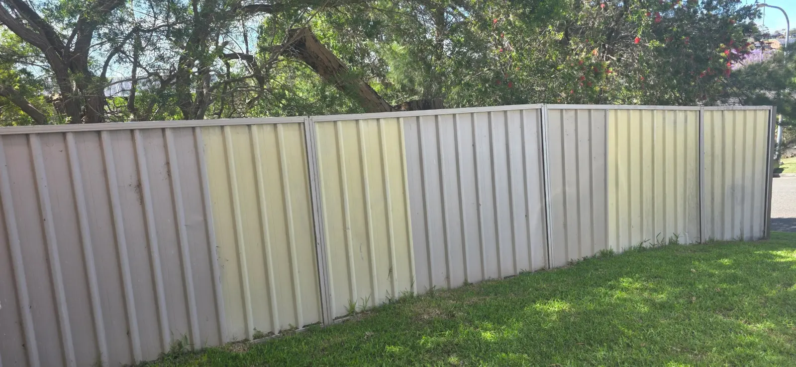 Faded Colorbond fence panels in mismatched cream, yellow and beige before painting