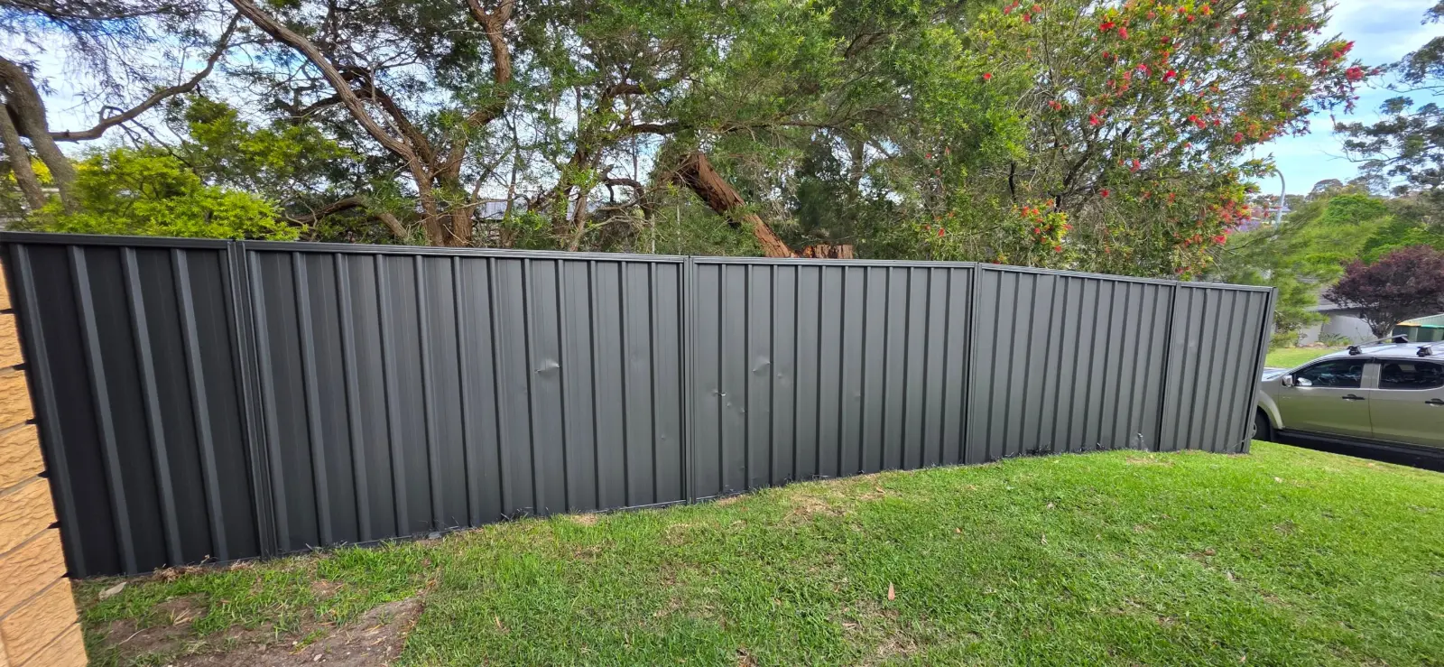 Colorbond fence along a lawn in Jewells, repainted in Monument