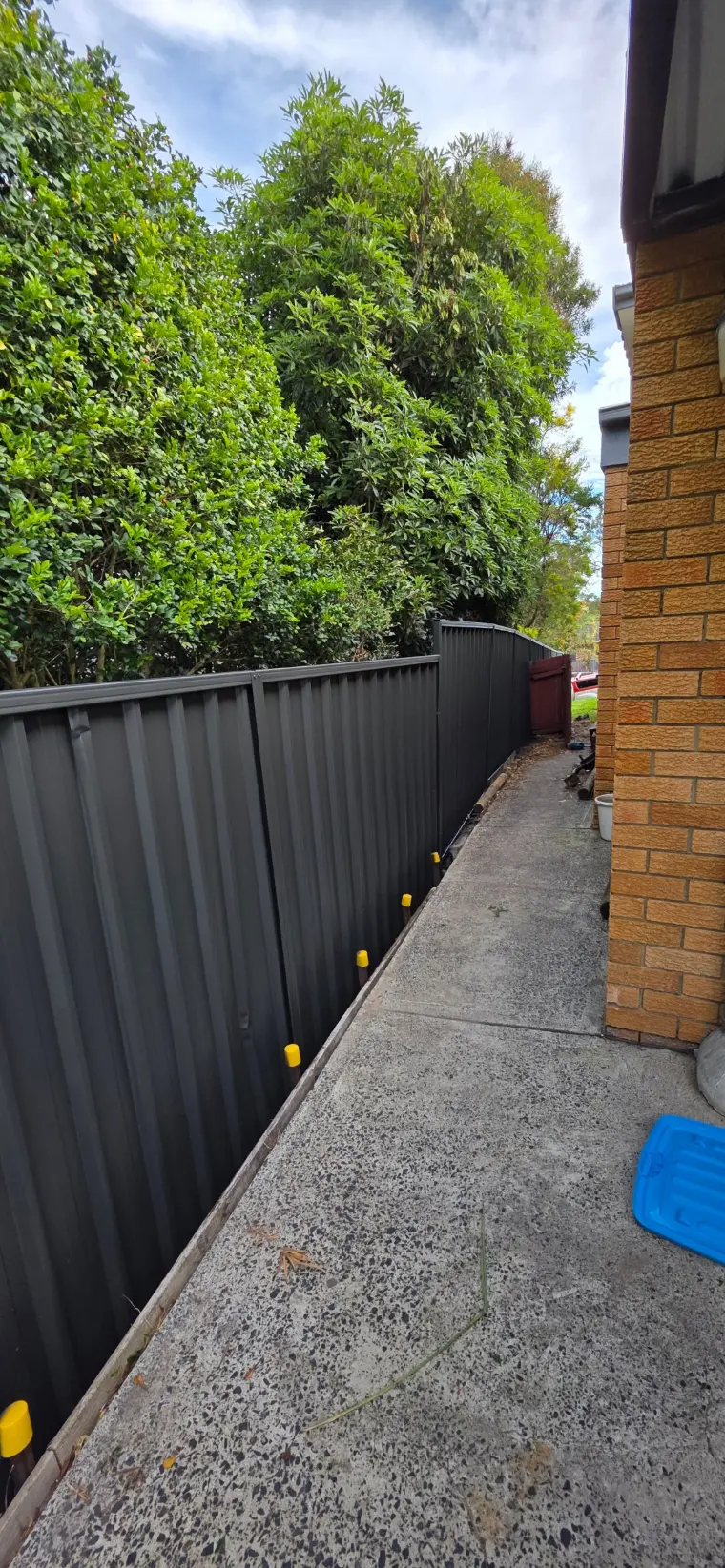 Monument fence along a concrete side path beside a brick house