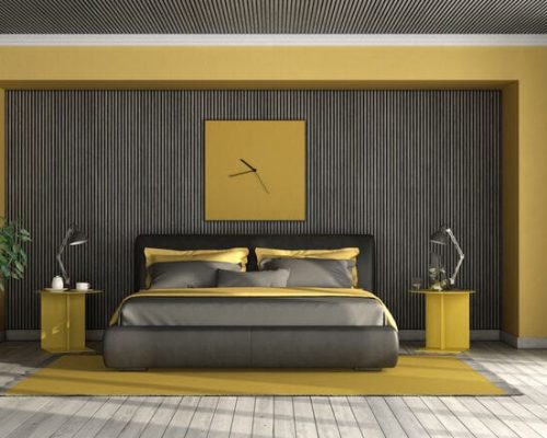 charcoal grey and mustard yellow bedroom